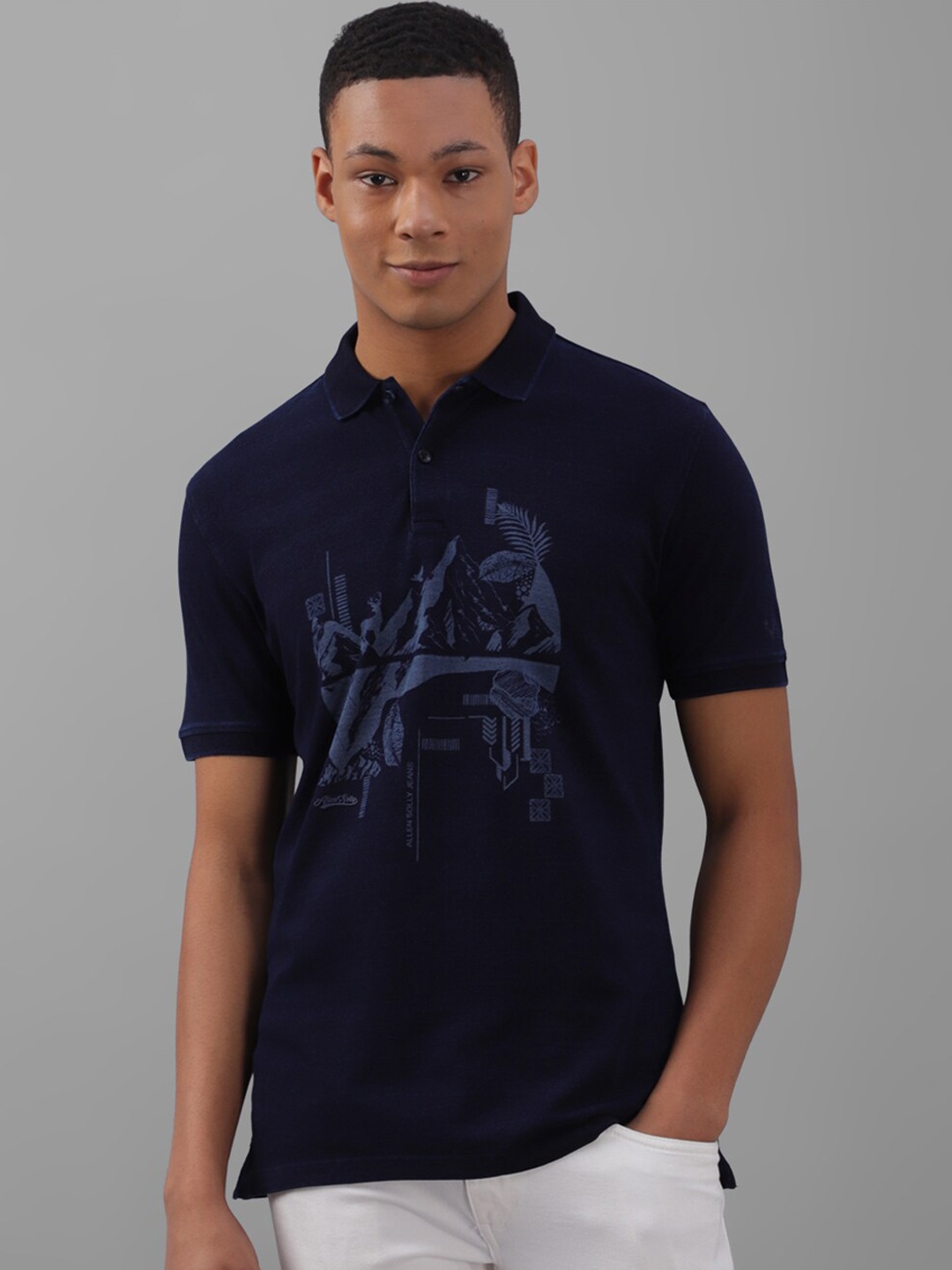 Allen Solly Graphic Printed Polo Collar Pure Cotton T-shirt, Navy blue