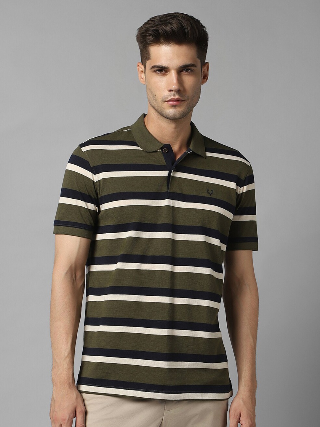 

Allen Solly Striped Polo Collar Pure Cotton T-shirt, Olive