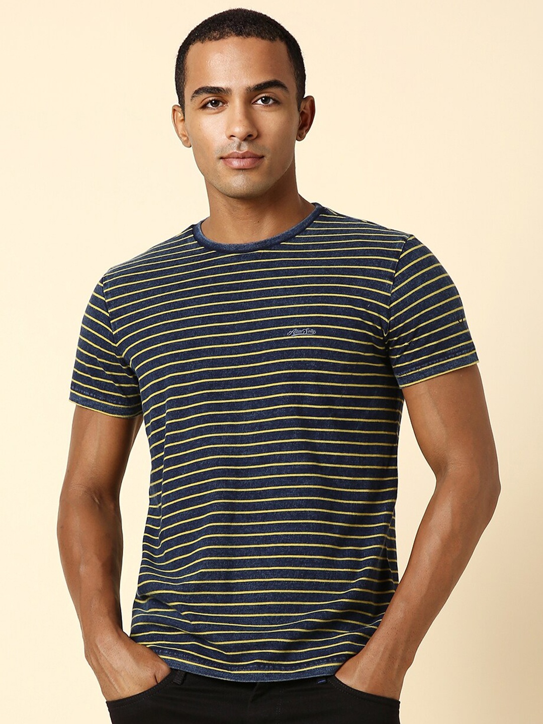 

Allen Solly Striped Regular Fit Pure Cotton T-shirt, Navy blue