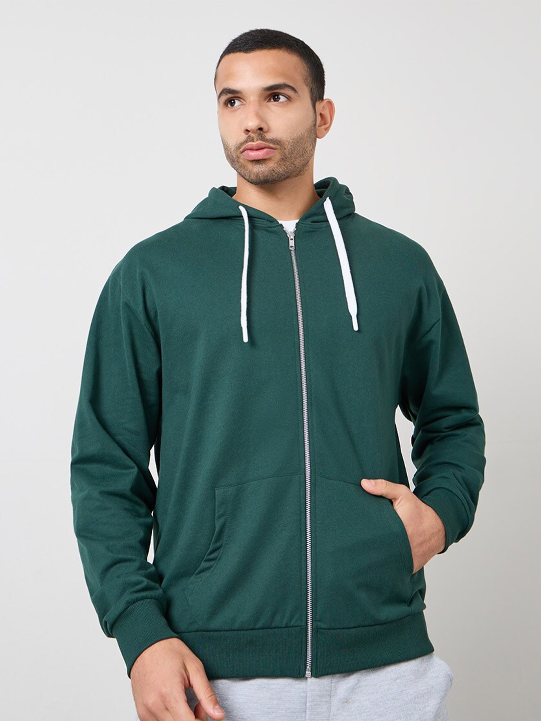 

Styli Green Hooded Long Sleeves Relaxed Fit Front-Open Sweatshirt