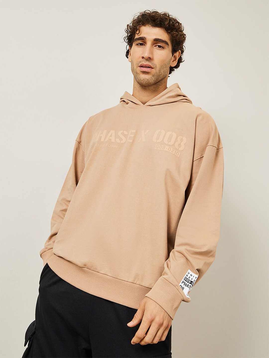 

Styli Premium Oversized Fleece Hoodie with Rubber HD Print, Beige