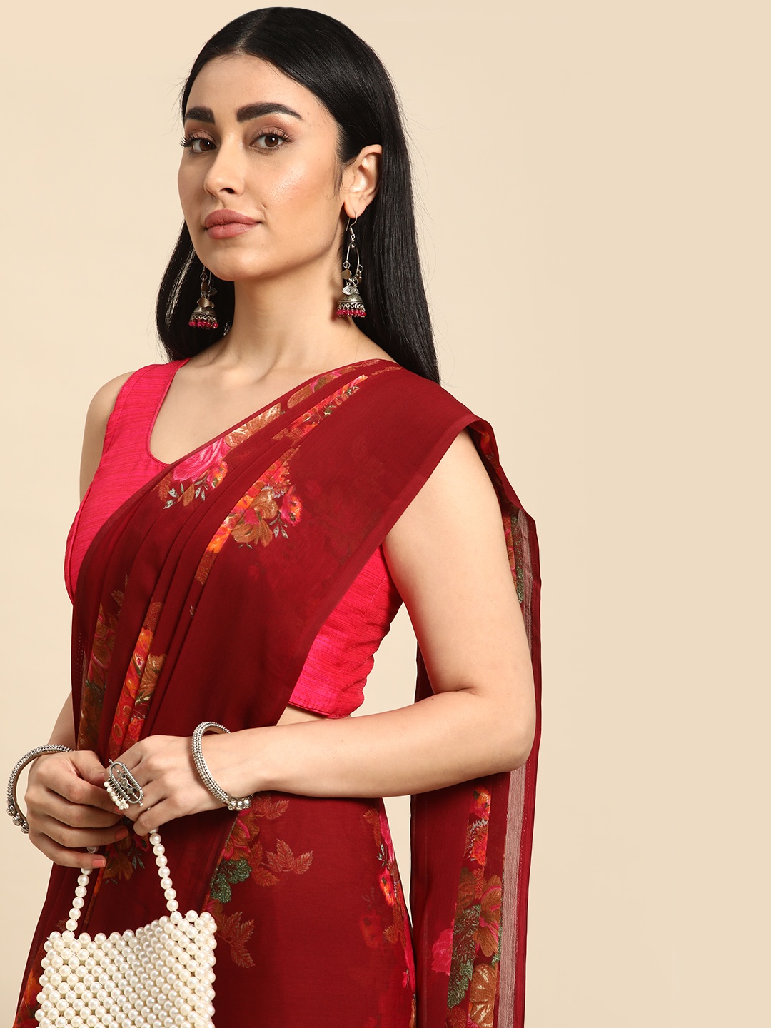 

Rani Saahiba Floral Printed Saree, Maroon