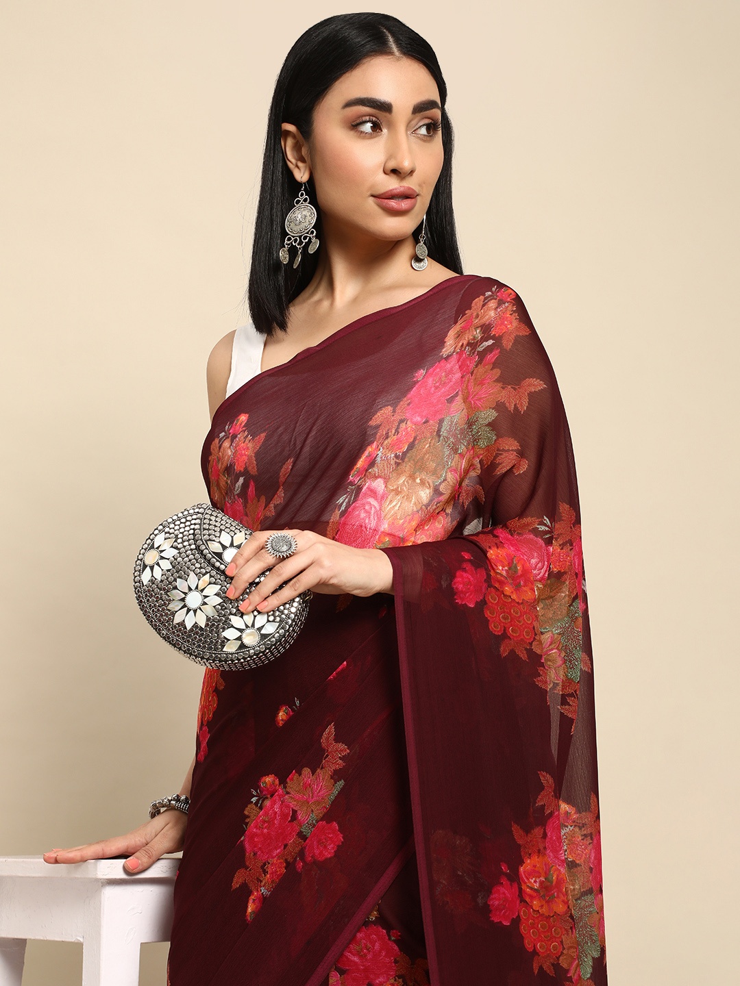 

Rani Saahiba Floral Printed Saree, Burgundy