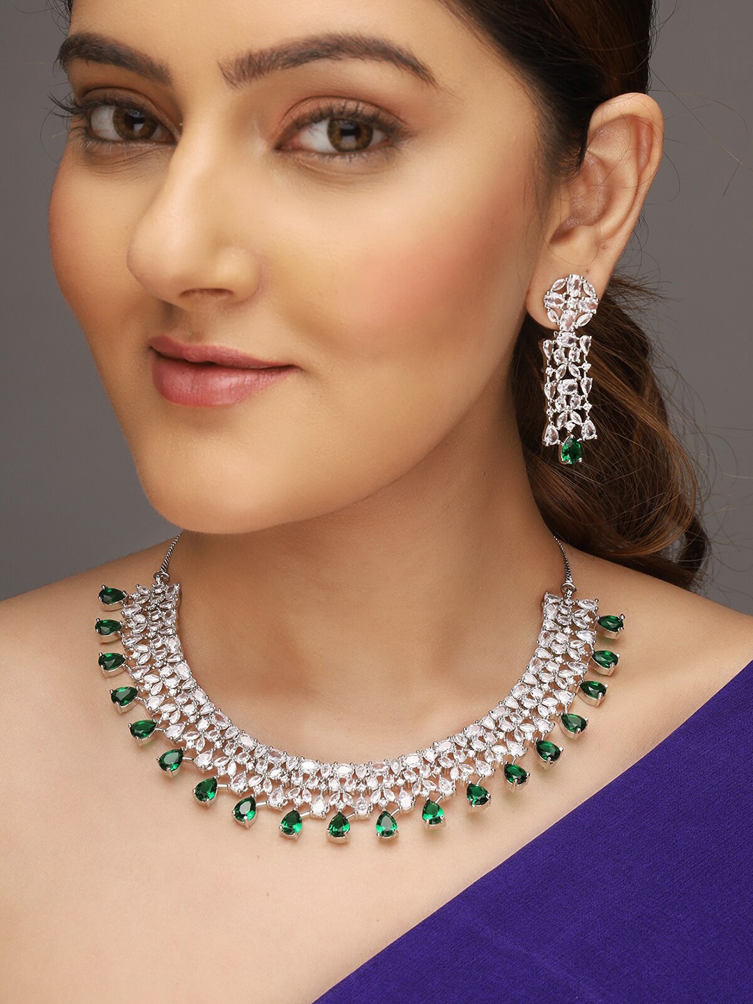 

AQUASTREET Silver-Toned AD Stone-Studded Necklace Set
