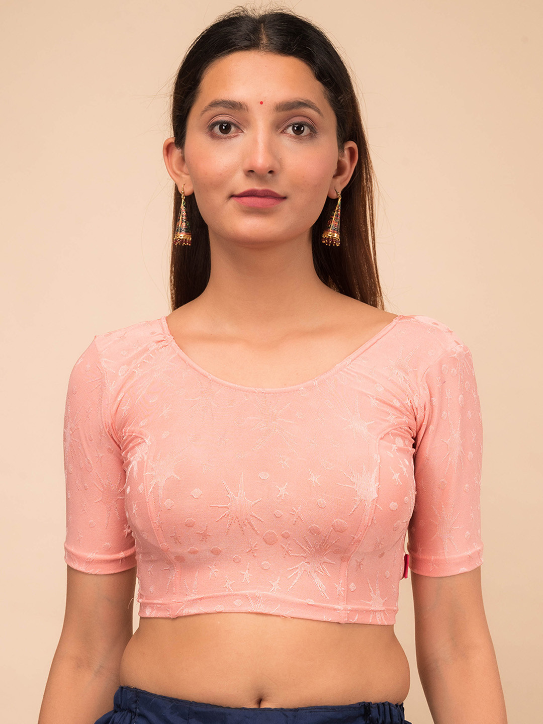 

Bindigasm's Advi Embroidered Stretchable Saree Blouse, Peach