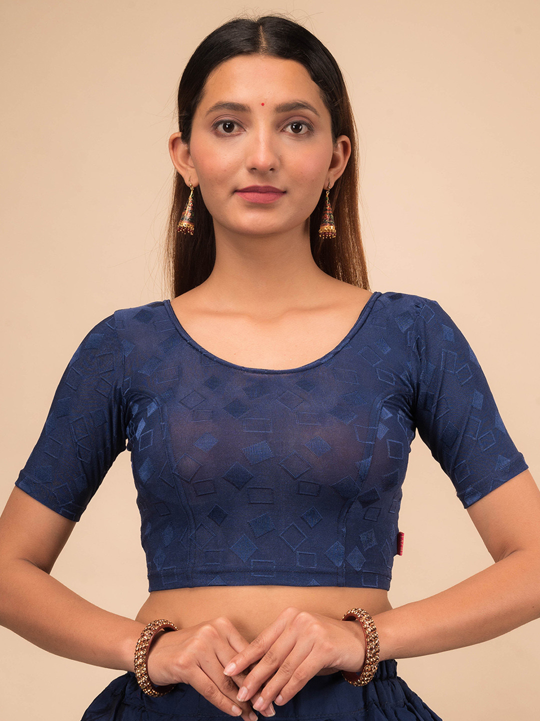 

Bindigasm's Advi Embroidered Jacquard Saree Blouse, Navy blue