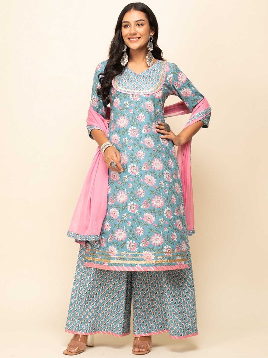 

FIORRA Floral Printed Gotta Patti Pure Cotton Kurta with Palazzos & Dupatta, Blue