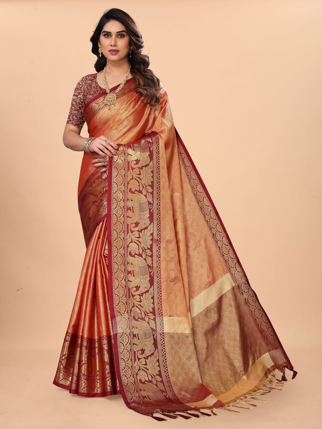 

Paramparik Textile Ethnic Motifs Woven Design Zari Pure Silk Kanjeevaram Saree, Orange
