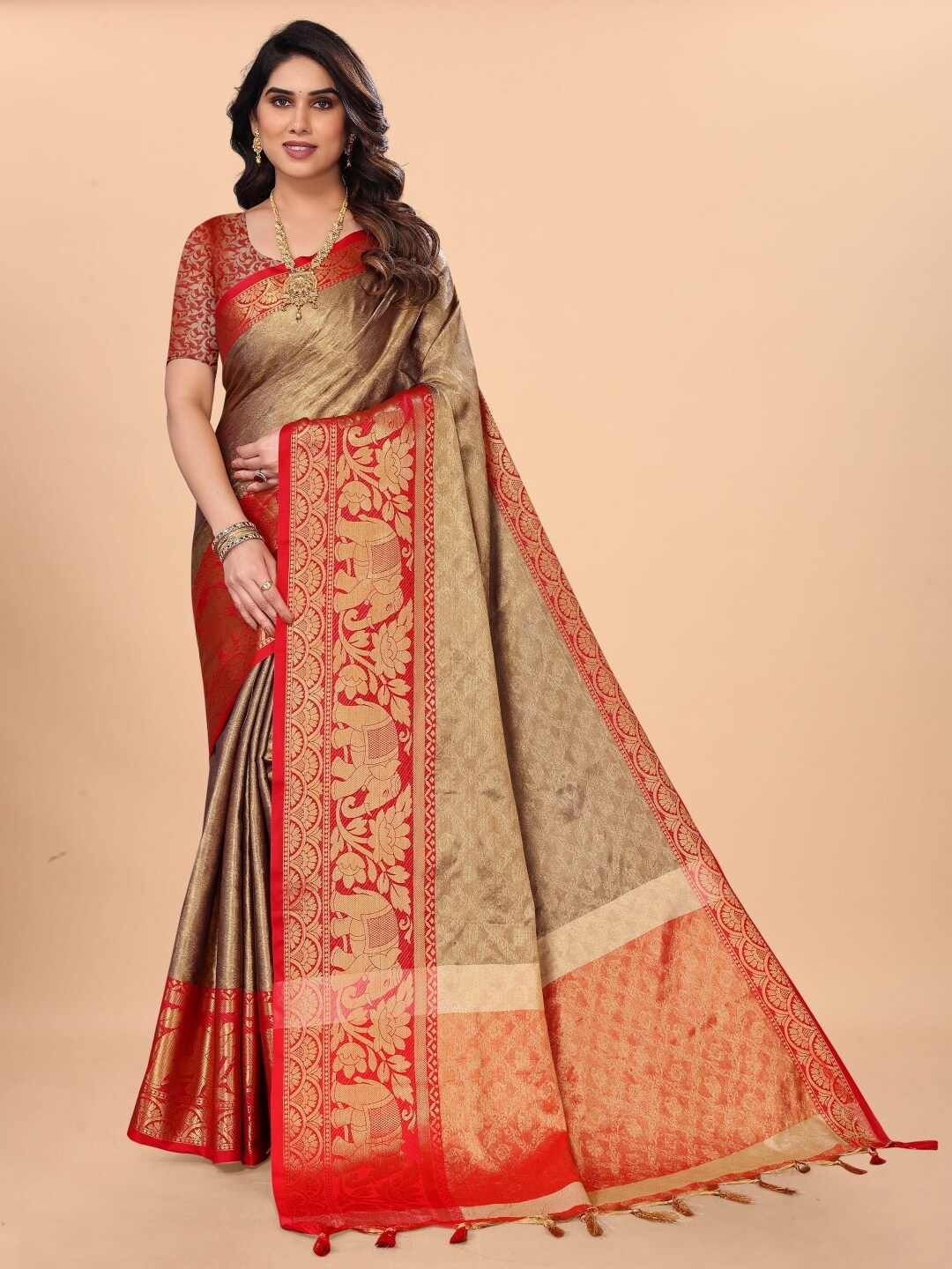 

Paramparik Textile Ethnic Motifs Woven Design Zari Pure Silk Kanjeevaram Saree, Beige