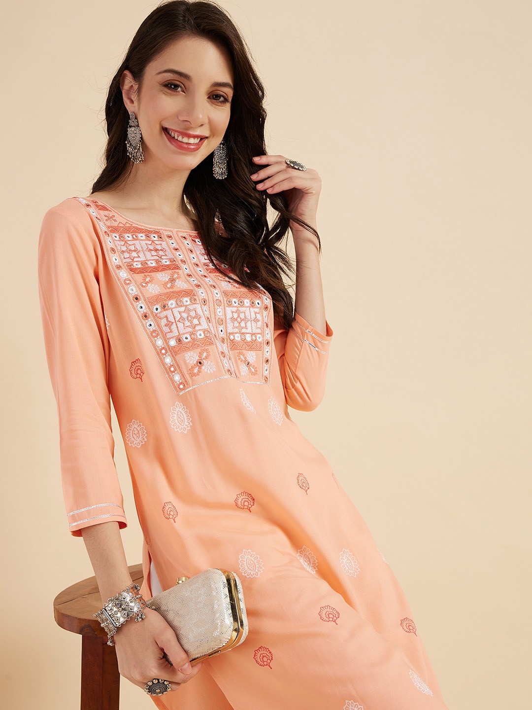 

Sangria Orange Floral Mirror Work Embroidered Yoke Design Straight Kurta