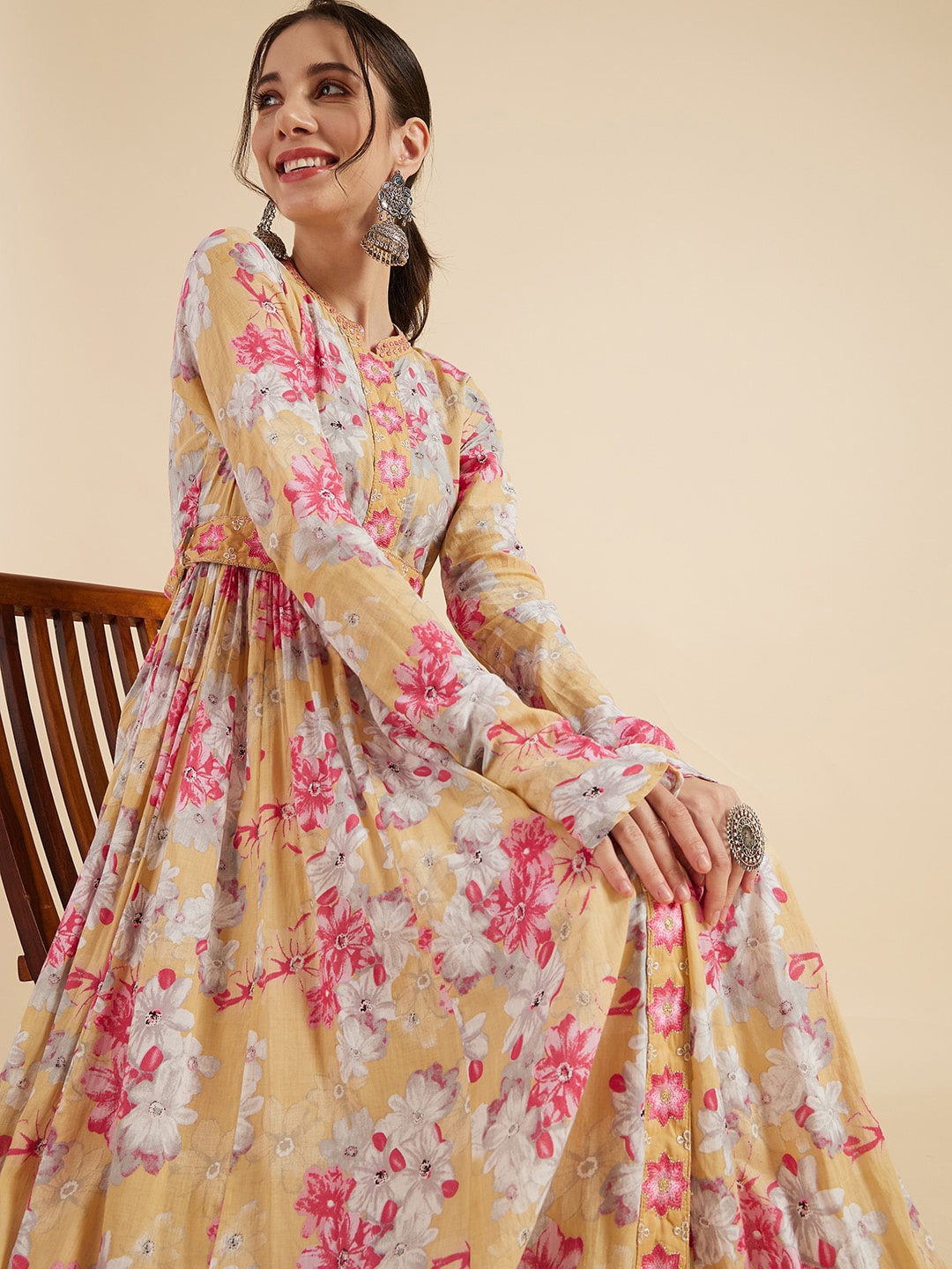 

Sangria Yellow Floral Printed Cotton Sequin Work Anarkali Kurta With Belt