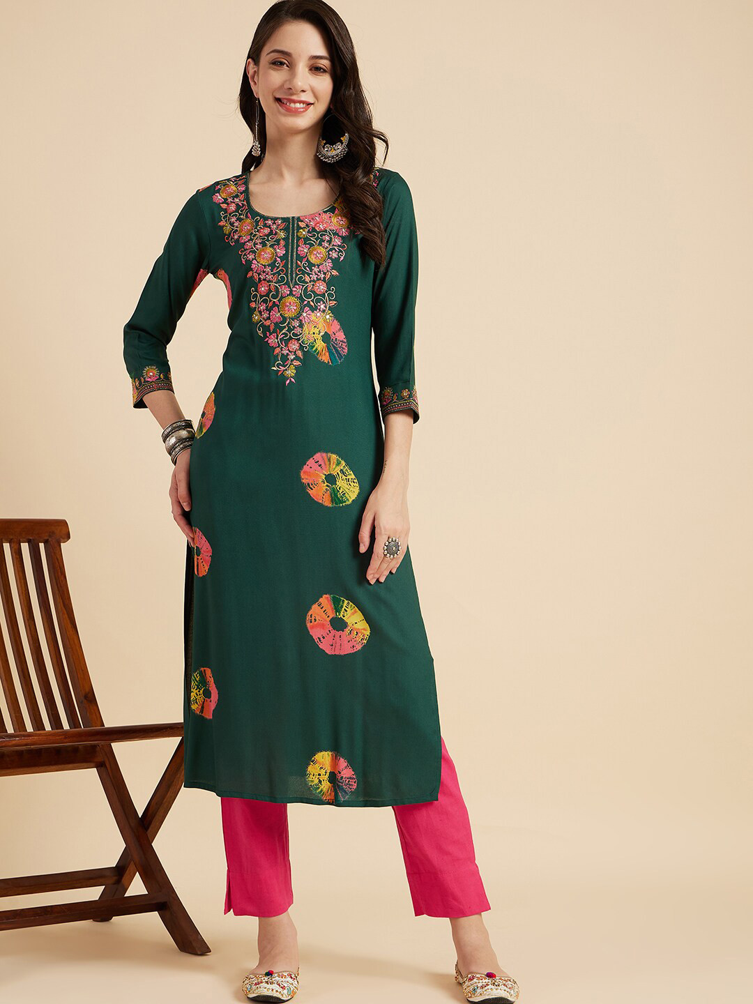 

Sangria Green Floral Embroidered Round Neck A-Line Kurta