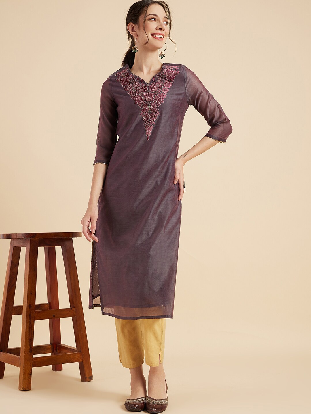 

Sangria Brown Floral Embroidered V-Neck A-Line Kurta
