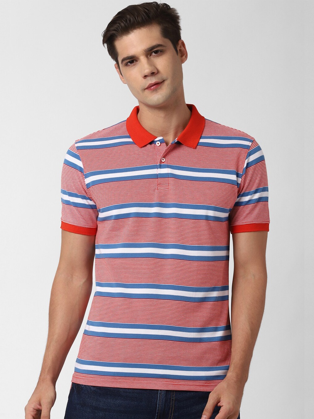 

Peter England Casuals Striped Polo Collar Slim Fit T-shirt, Red