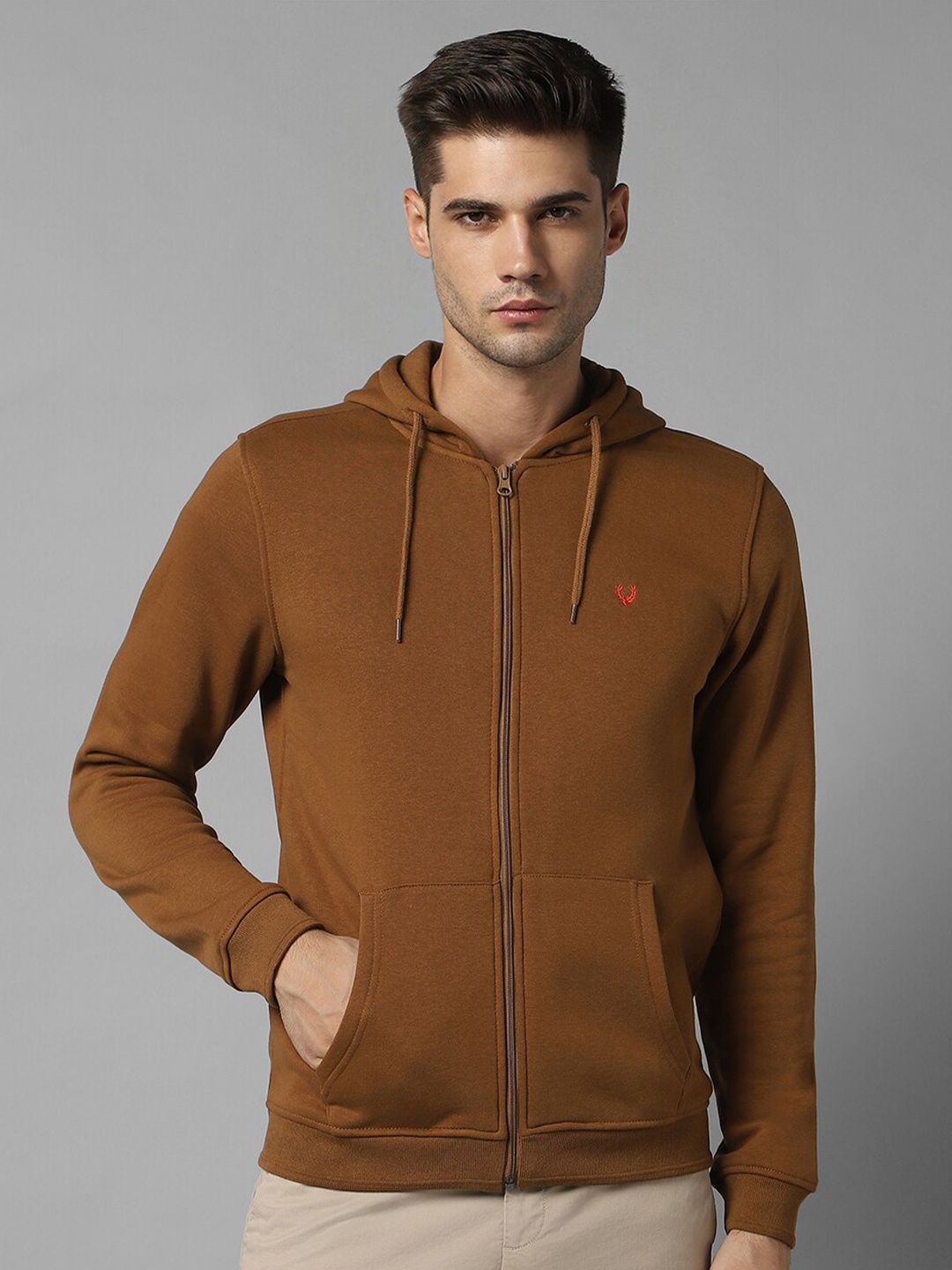 

Allen Solly Hooded Pure Cotton Front-Open Sweatshirt, Brown