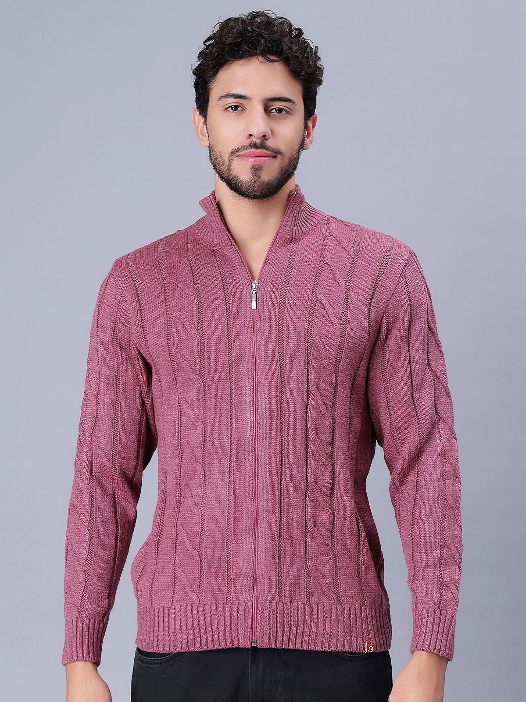 

Bharatasya Mock Collar Cable Knit Self Design Front-Open Sweater, Pink