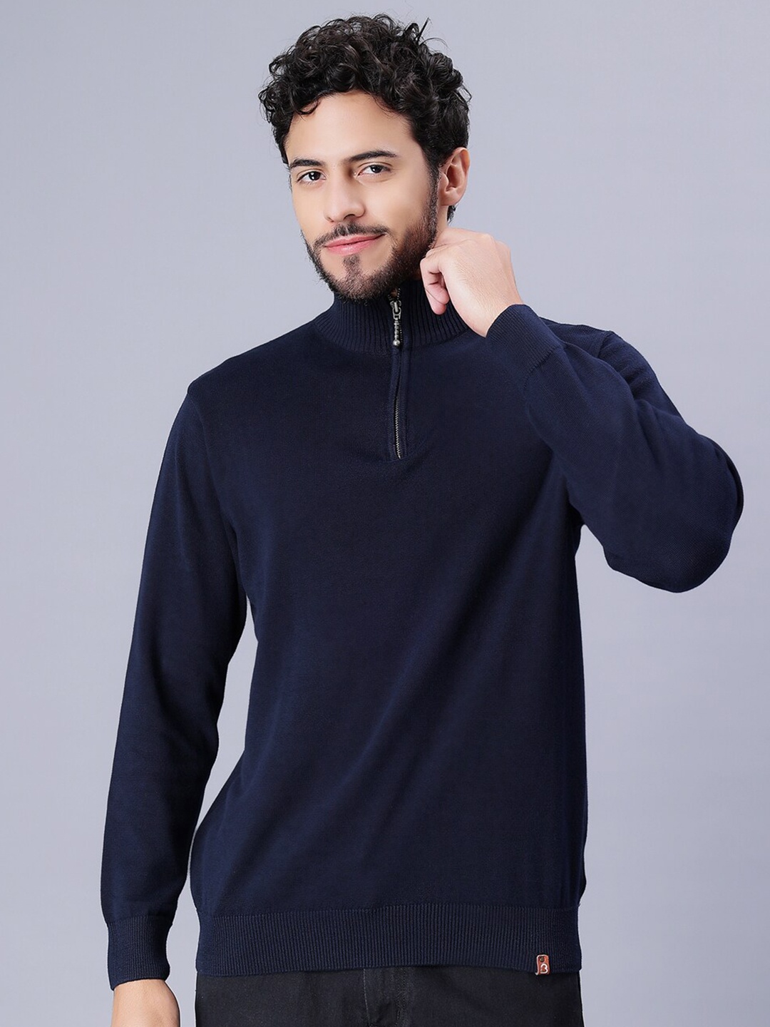 

Bharatasya Mock Collar Pullover Cotton Sweater, Navy blue