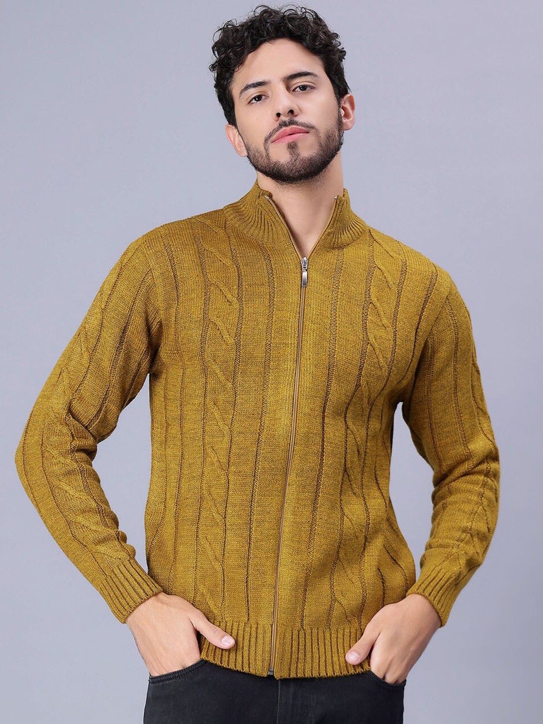 

Bharatasya Cable Knit Mock Collar Acrylic Front-Open Sweater, Mustard