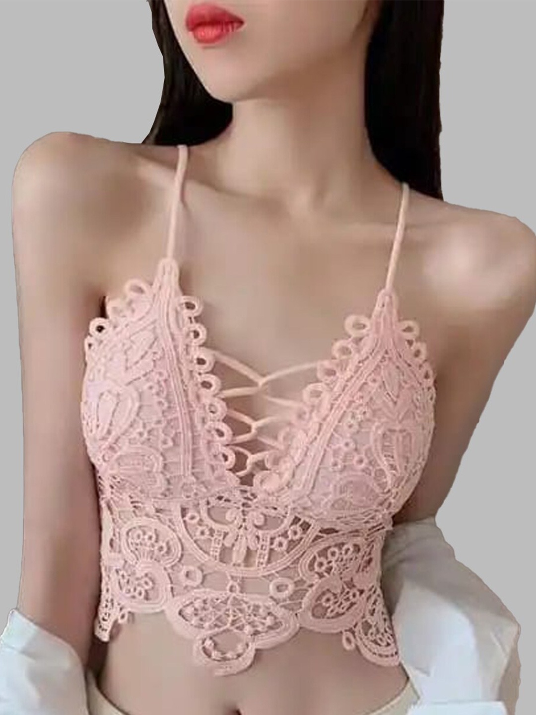 

FIMBUL Floral Self Design Half Coverage All Day Comfort Lightly Padded Cotton Bralette Bra, Pink