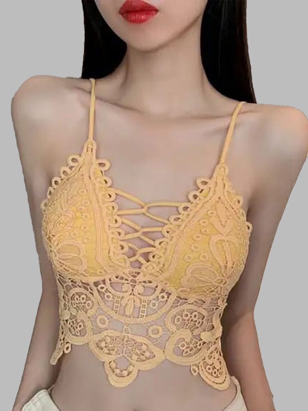 

FIMBUL Floral Self Design Half Coverage All Day Comfort Lightly Padded Cotton Bralette Bra, Yellow