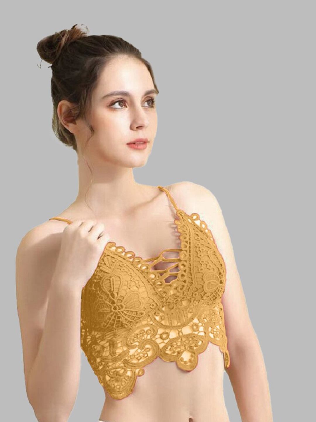 

VAGHBHATT Self Design Cotton Bralette Lace Crop Top, Beige