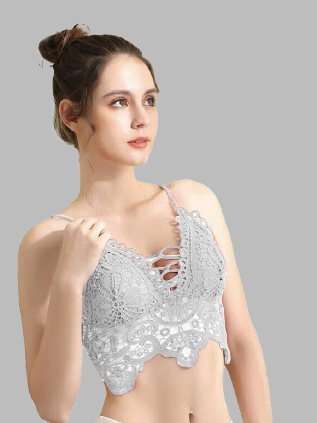 

VAGHBHATT Self Design Cotton Bralette Lace Crop Top, Grey