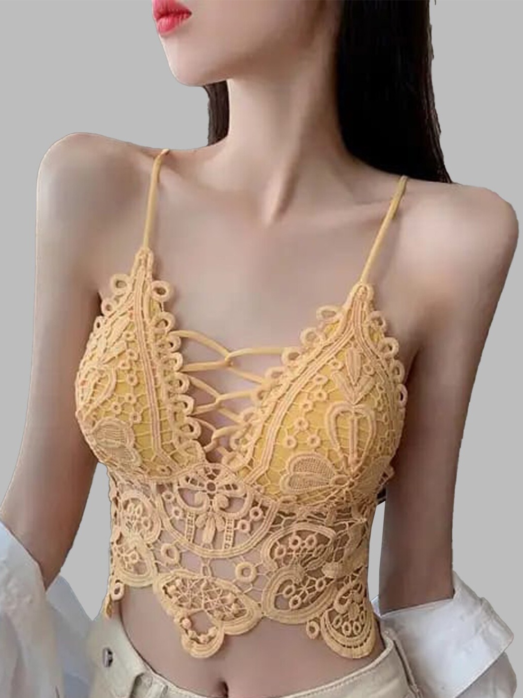 

Krelin Self Design Shoulder Strap Cotton Bralette Crop Top, Yellow