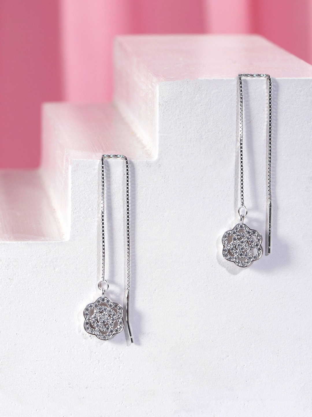 

Rubans Silver Rhodium Plated 92.5 Sterling Silver Floral Hoop Earrings