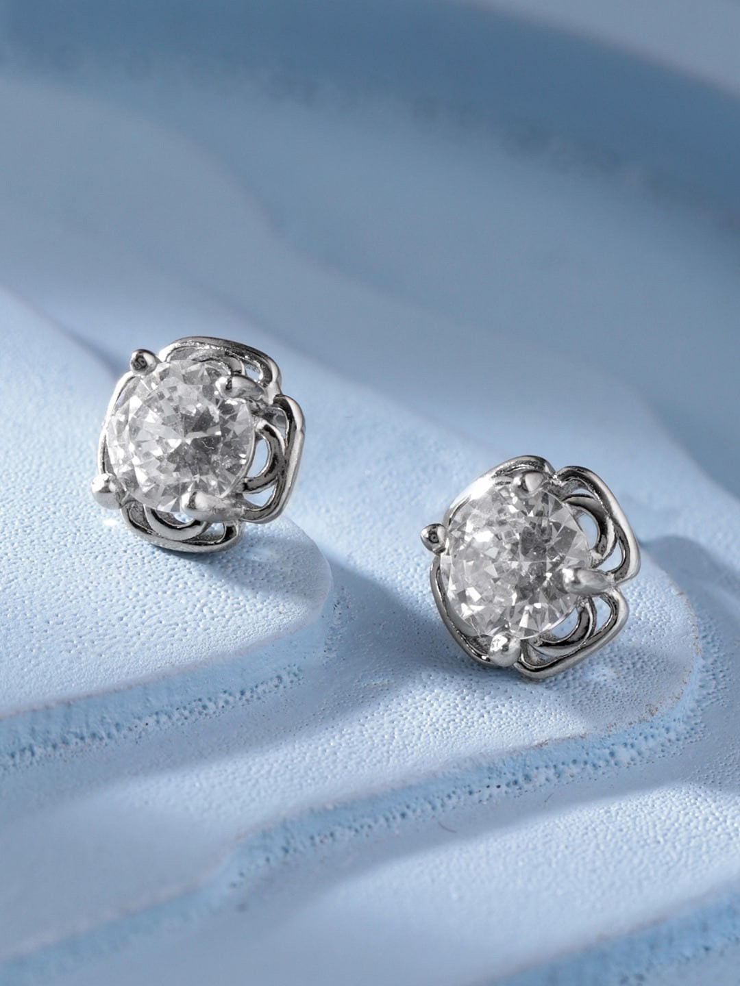 

Rubans Silver Rhodium Plated Sterling Silver American Diamond Stone Studded Studs Earrings