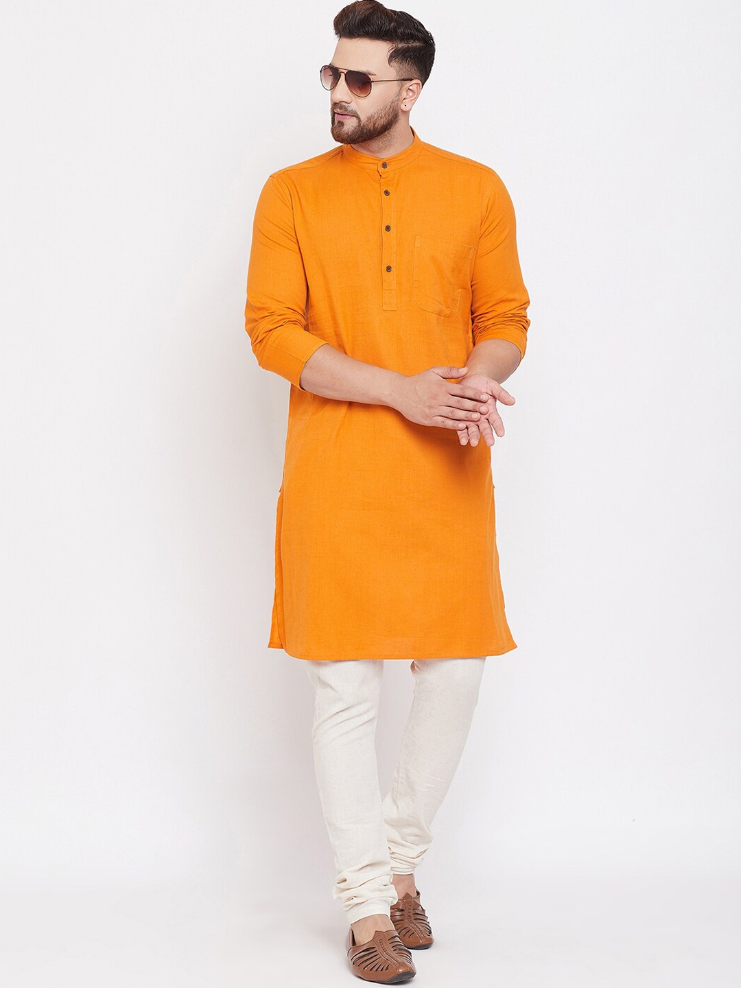 

even Band Collar Straight Pure Cotton Kurta, Yellow