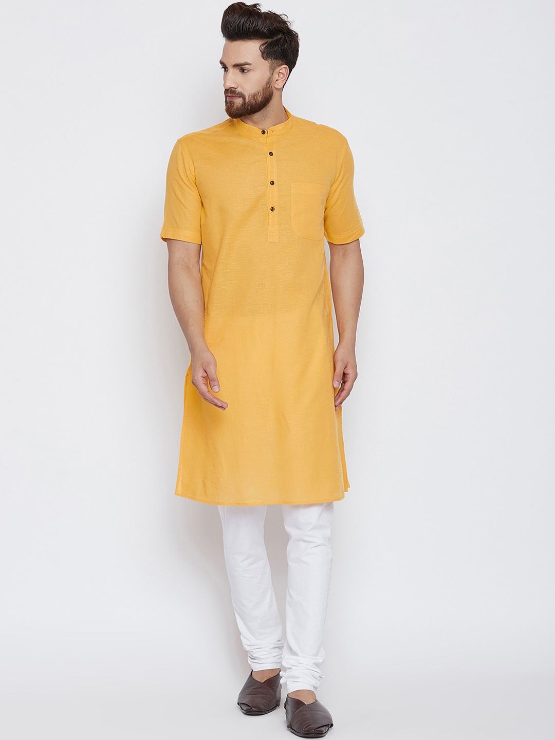 

even Band Collar Straight Pure Cotton Kurta, Yellow