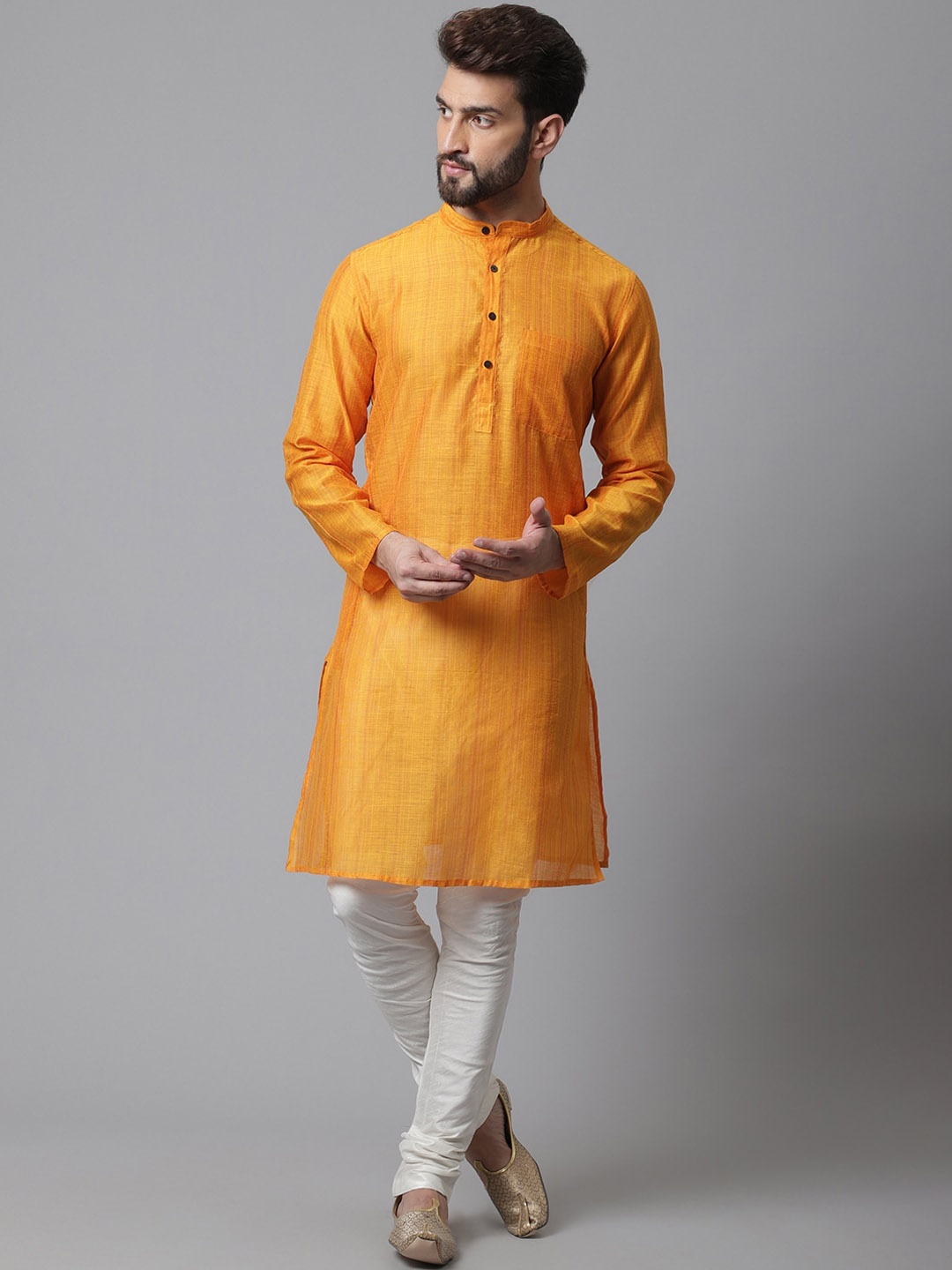 

even Striped Band Collar Straight Kurta, Orange