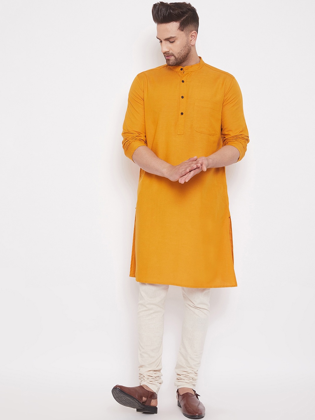 

even Band Collar Straight Pure Cotton Kurta, Yellow