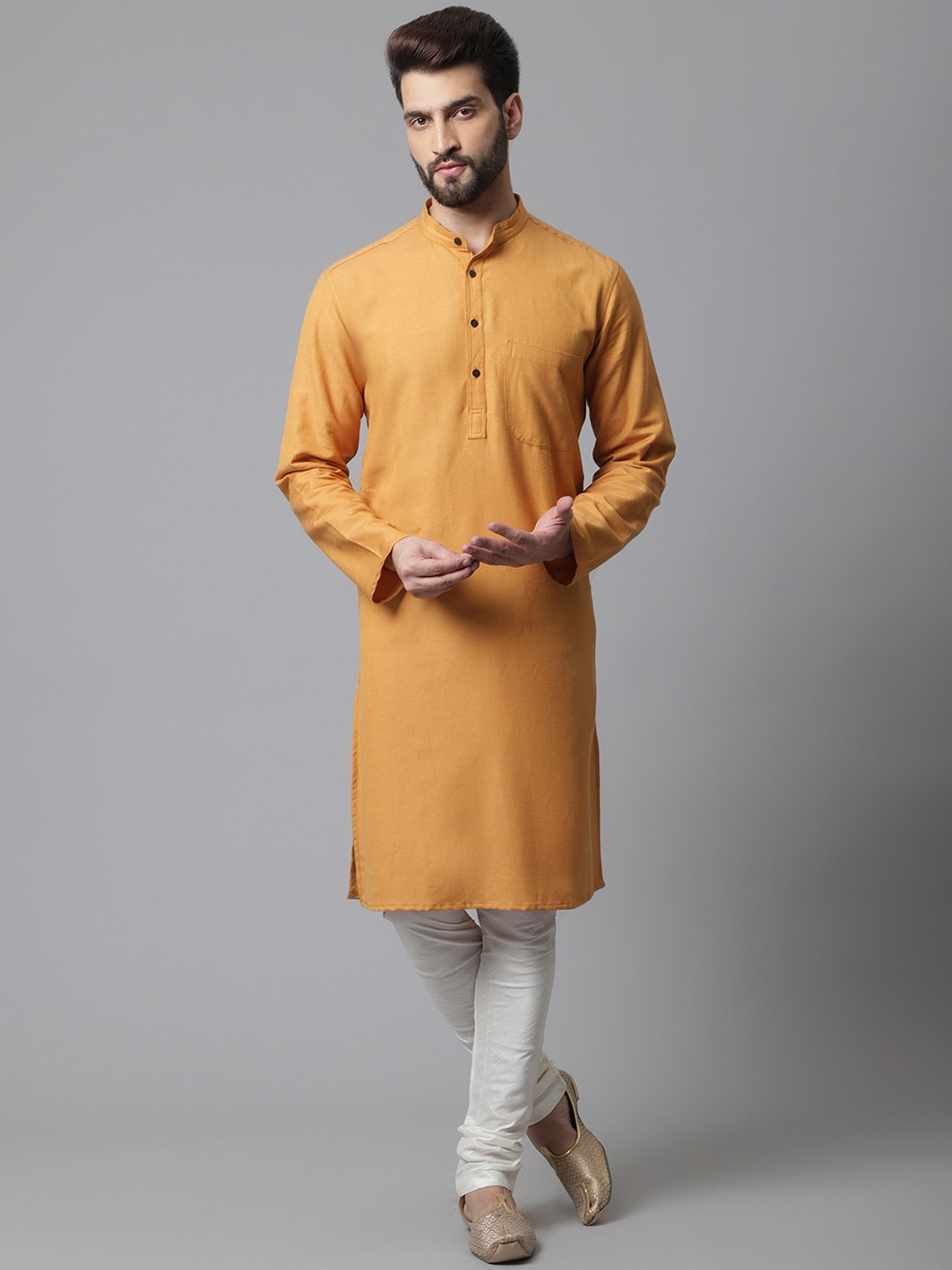 

even Band Collar Straight Pure Cotton Kurta, Yellow