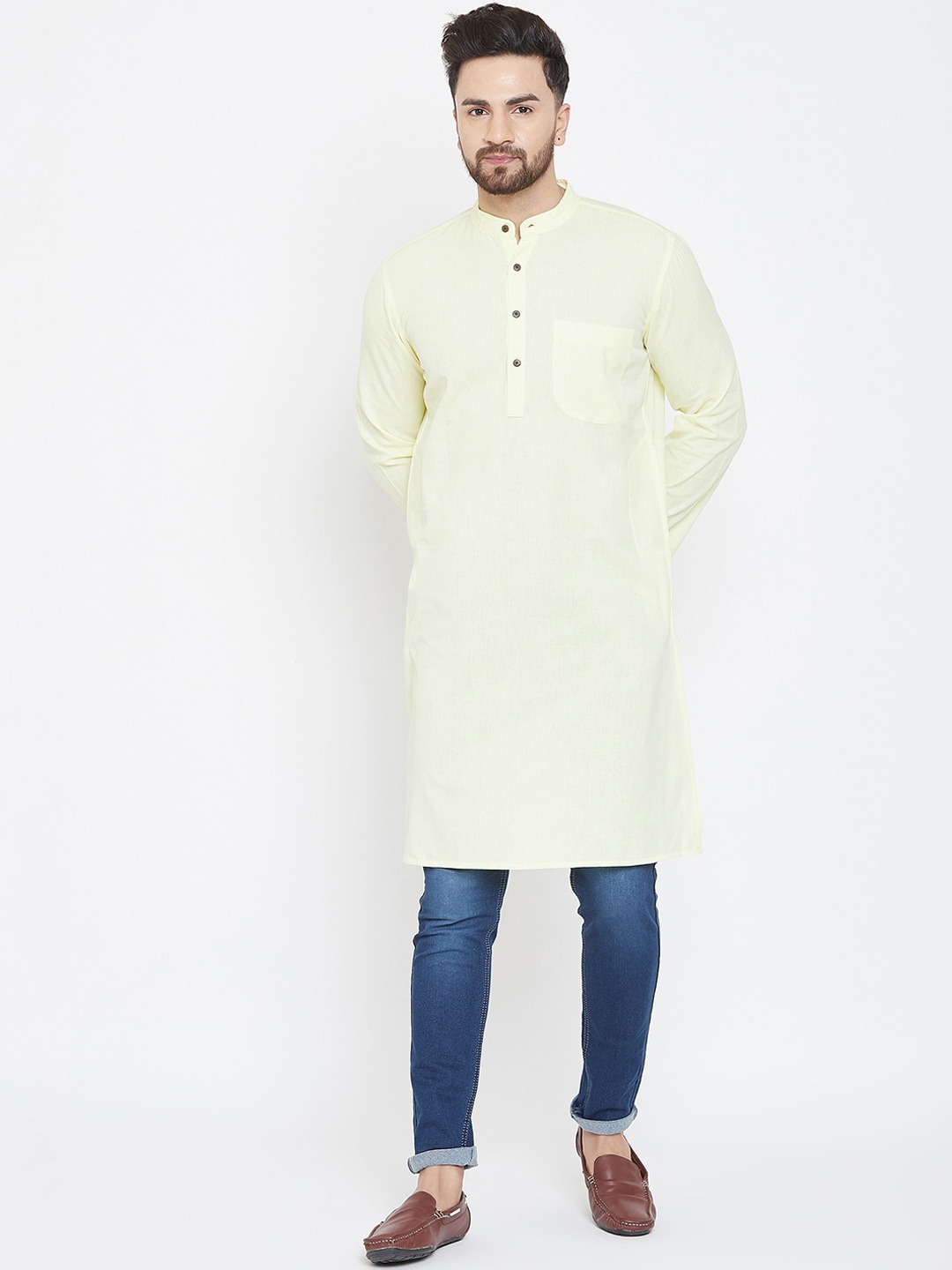 

even Band Collar Straight Pure Cotton Kurta, Yellow