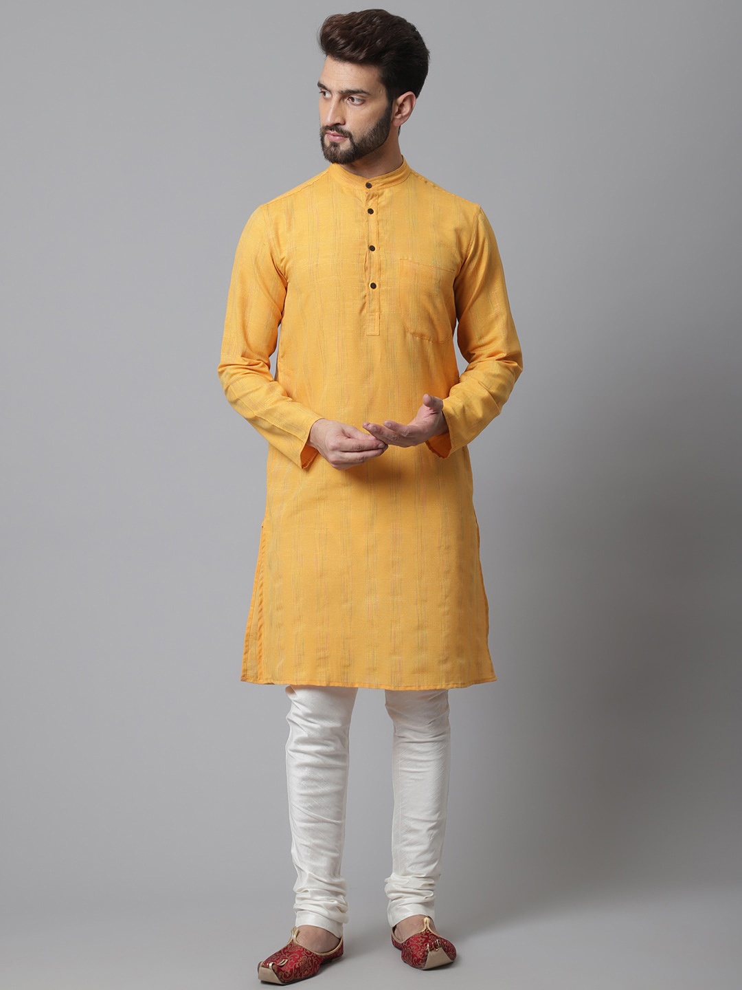 

even Checked Band Collar Straight Pure Cotton Kurta, Yellow