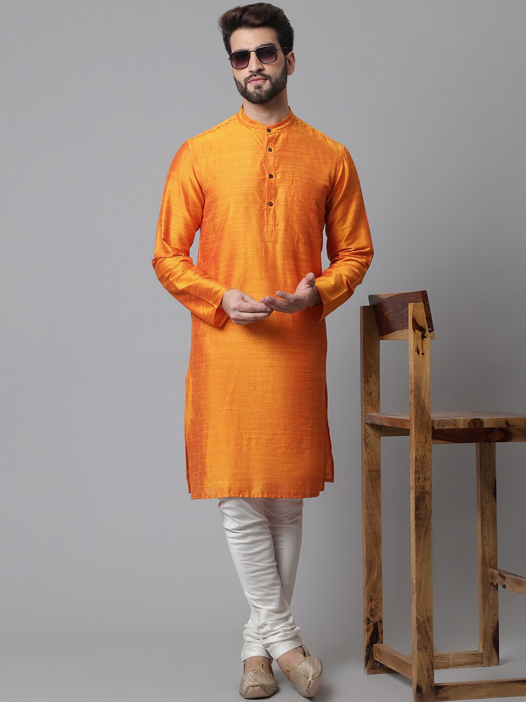 

even Striped Band Collar Straight Kurta, Orange