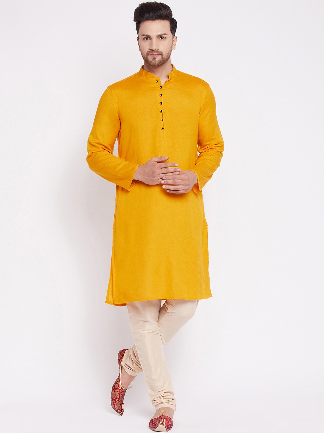 

even Mandarin Collar Straight Pure Cotton Kurta, Yellow