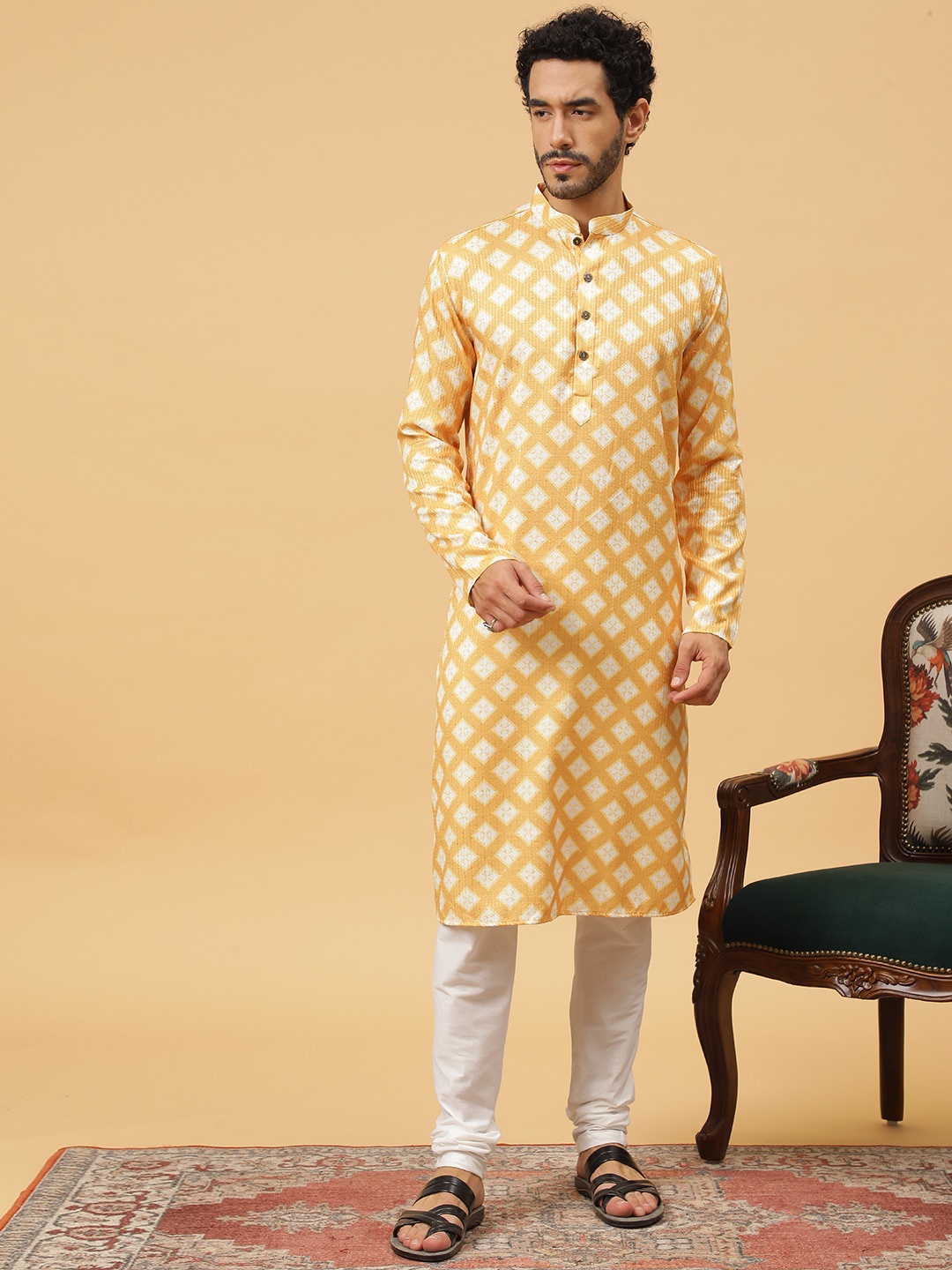 

TABARD Geometric Printed Mandarin Collar Cotton Kurta, Yellow