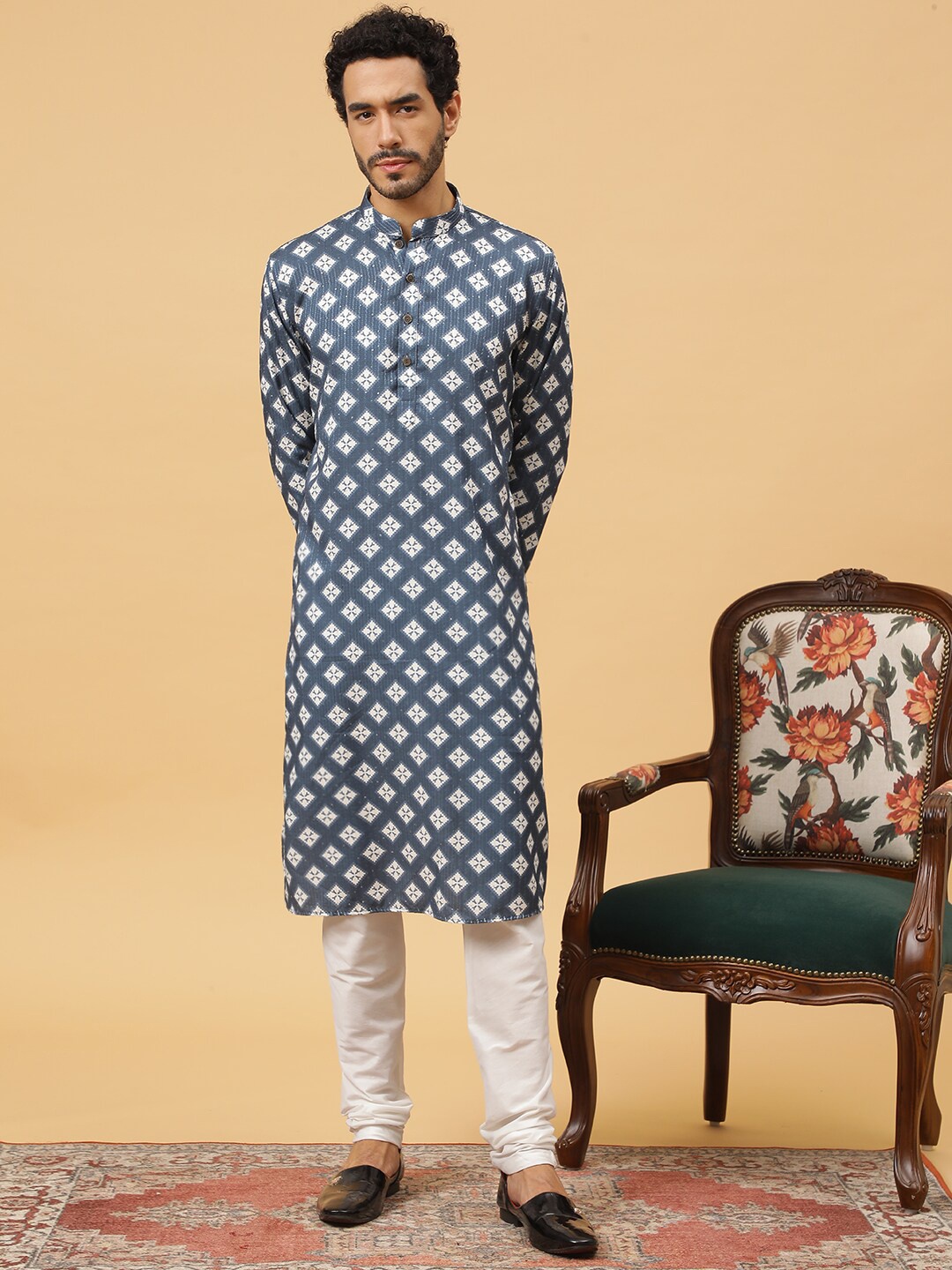 

TABARD Geometric Printed Thread Work Pure Cotton Straight Kurta, Blue