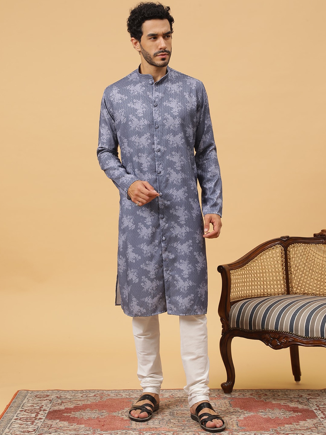 

TABARD Floral Printed Thread Work Pure Cotton Straight Kurta, Blue