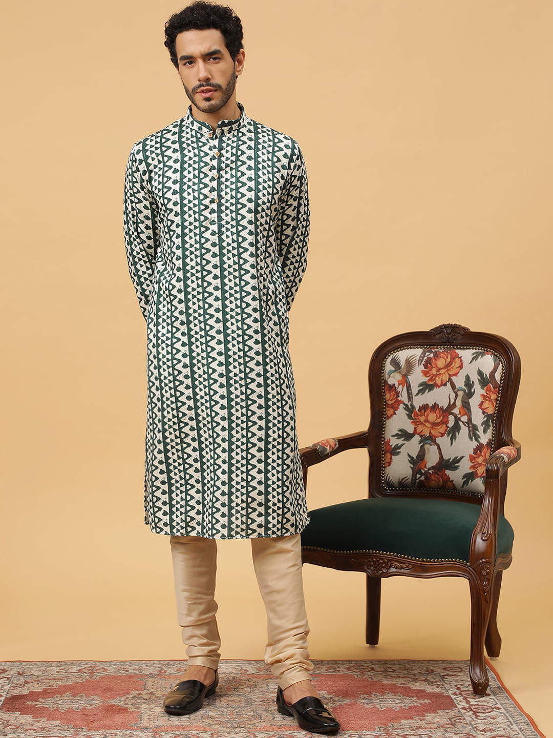 

TABARD Geometric Printed Thread Work Pure Cotton Straight Kurta, Green