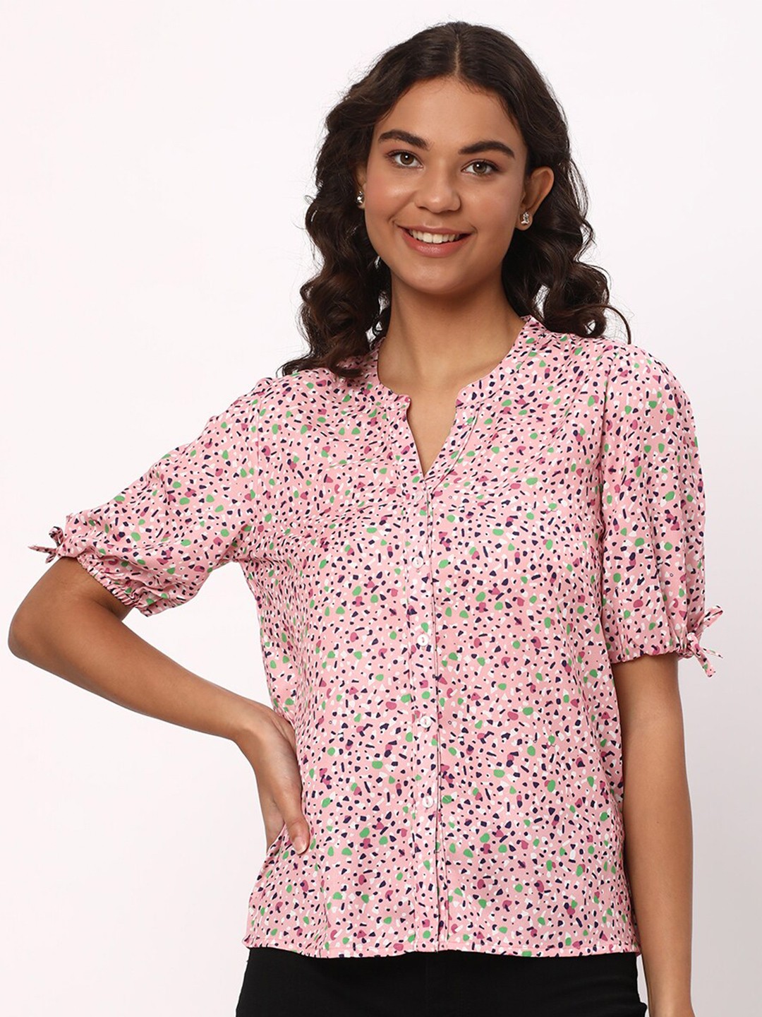 

R&B Abstract Printed Mandarin Collar Tie-Ups Detail Top, Pink