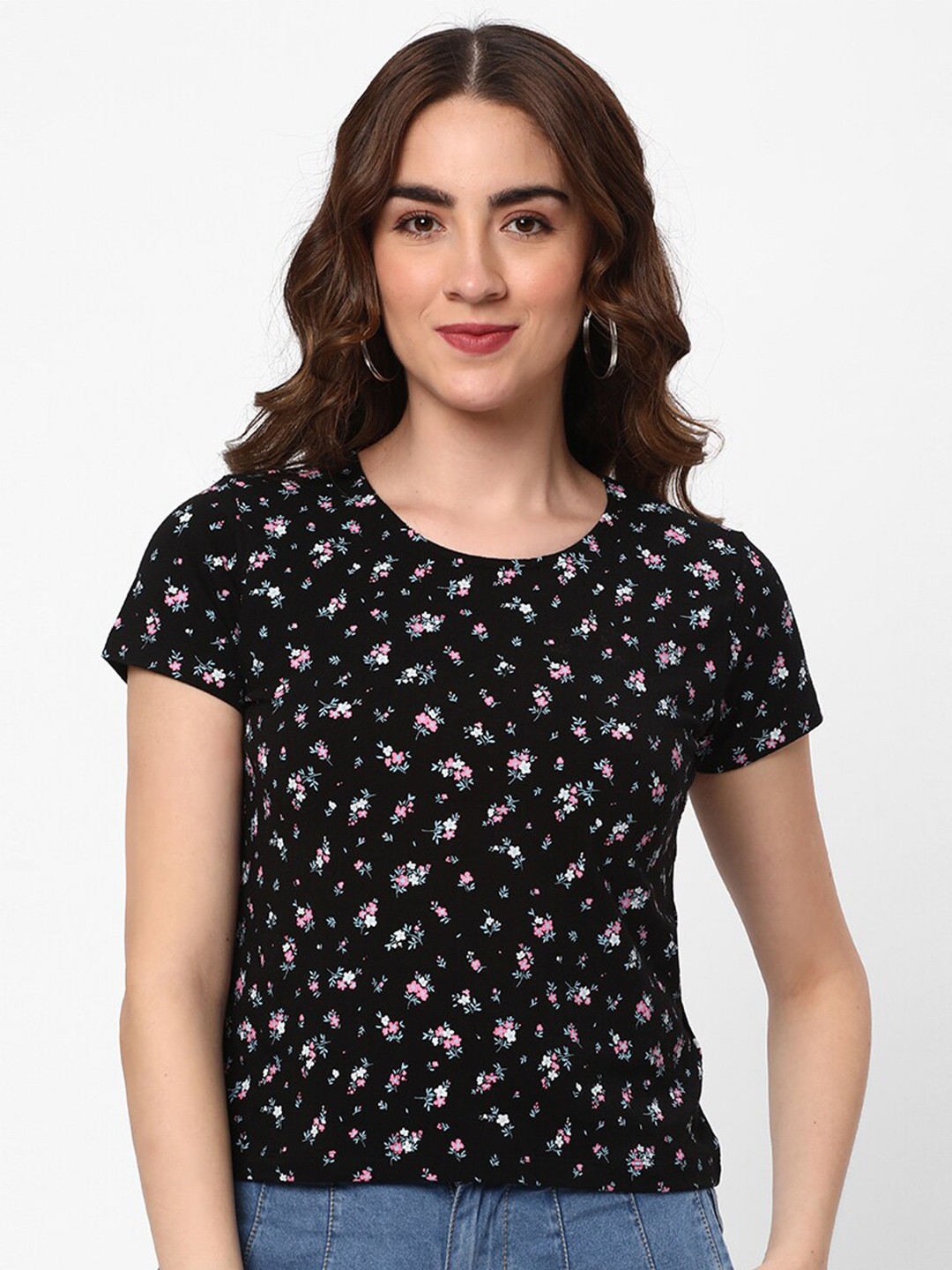 

R&B Floral Printed Cotton Top, Black