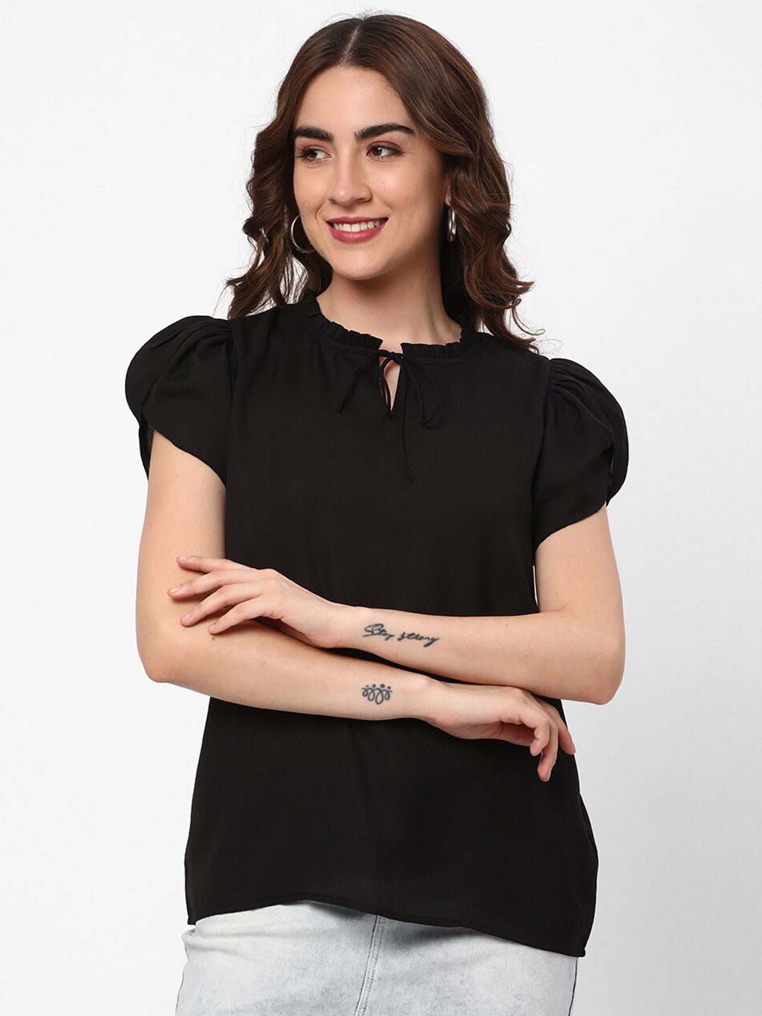 

R&B Tie-Up Neck Puff Sleeve Top, Black