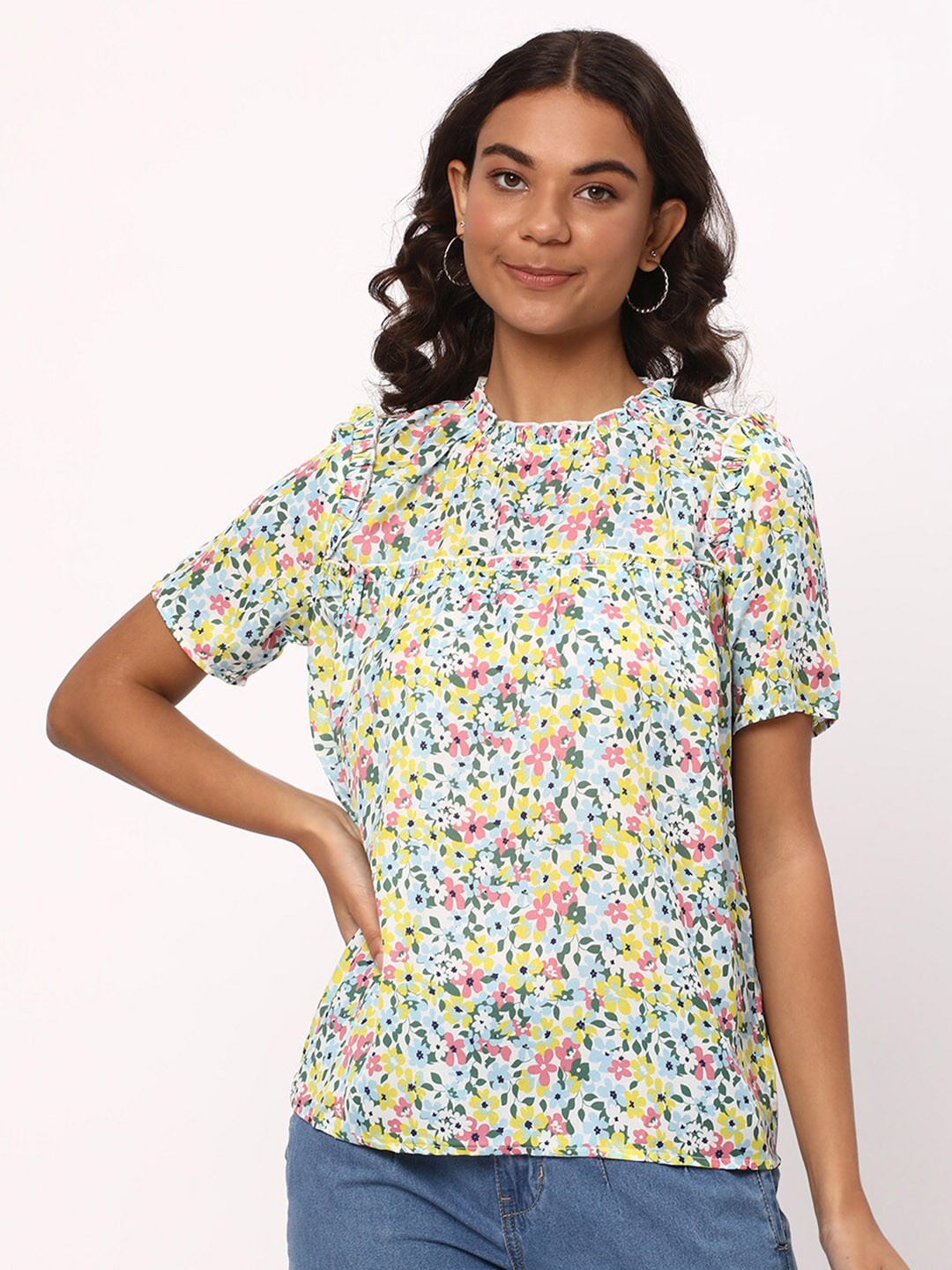 

R&B Floral Printed High Neck Ruffles Detail Top, White