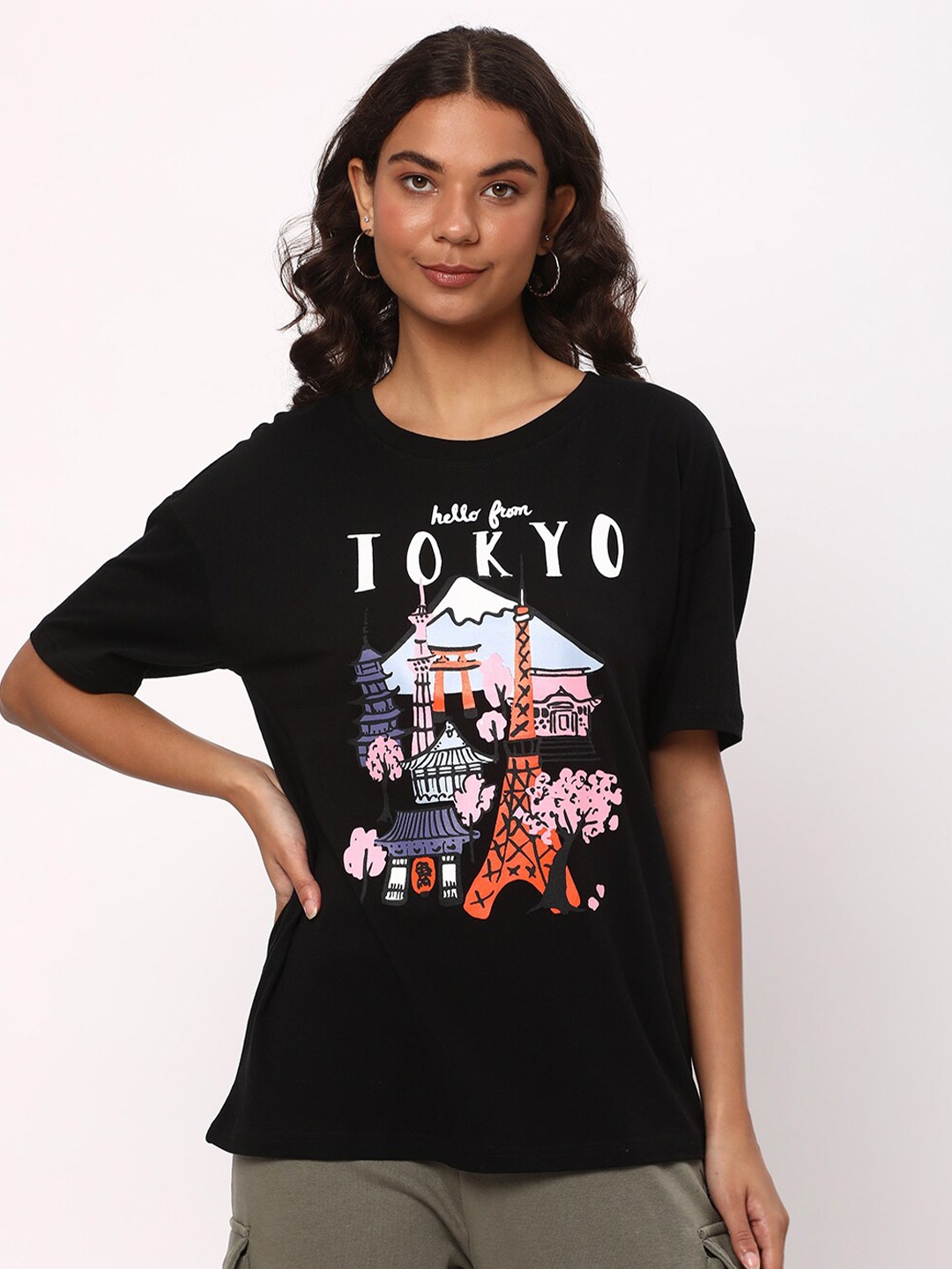 

R&B Graphic Printed Drop-Shoulder Cotton T-shirt, Black