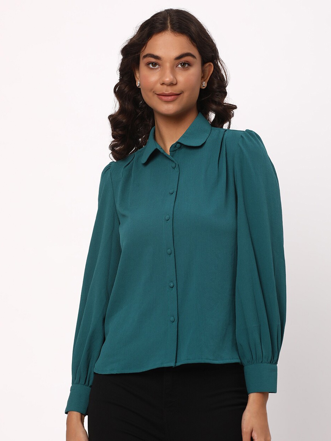 

R&B Cuffed Sleeves Shirt Style Top, Blue