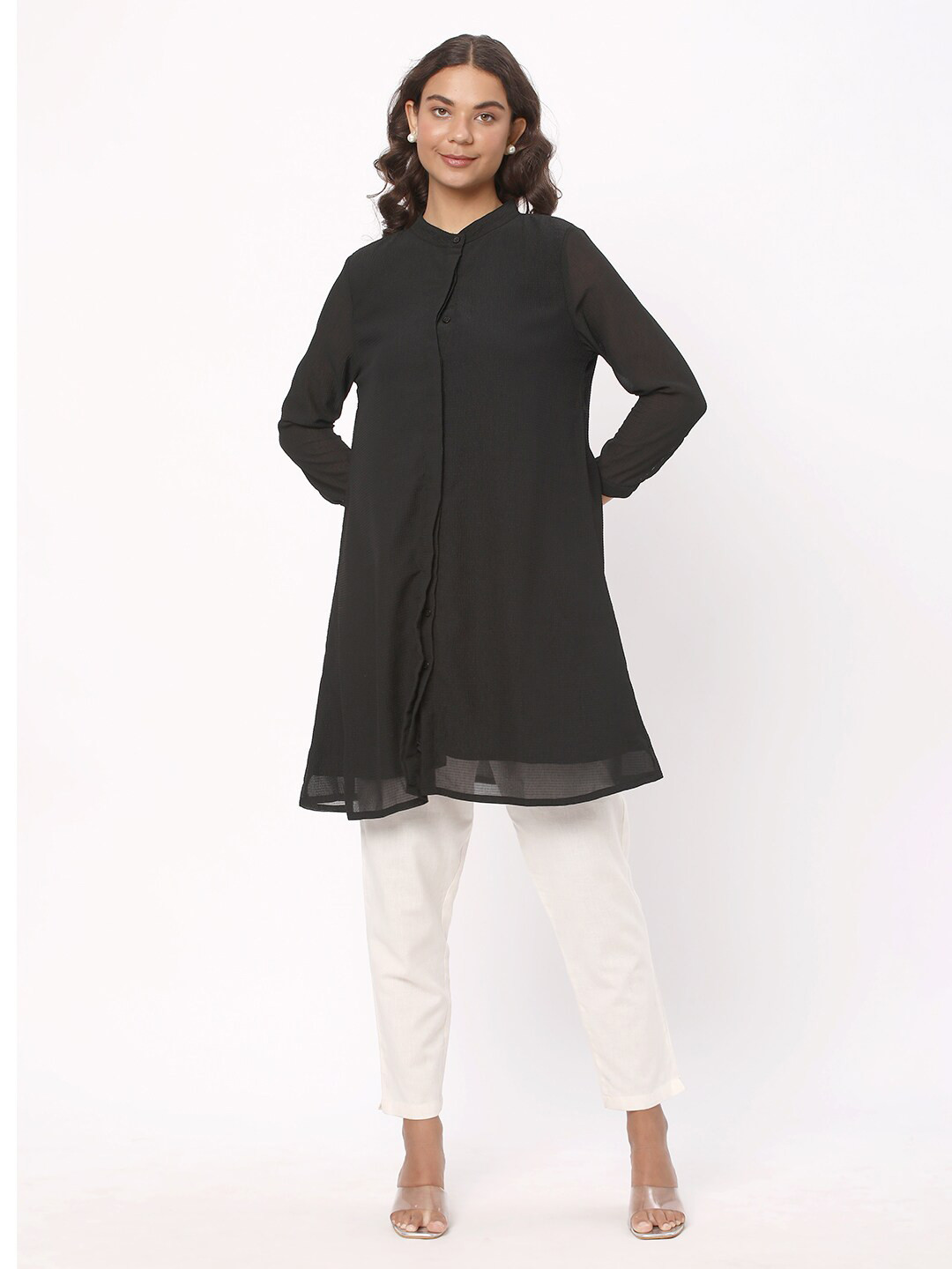 

R&B Mandarin Collar Longline Top, Black