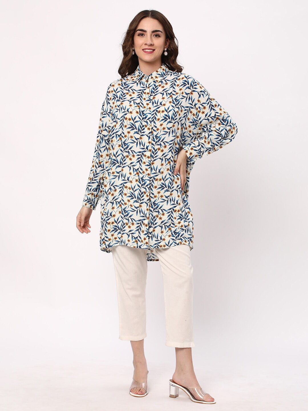 

R&B Floral Printed Shirt Style Longline Top, Beige